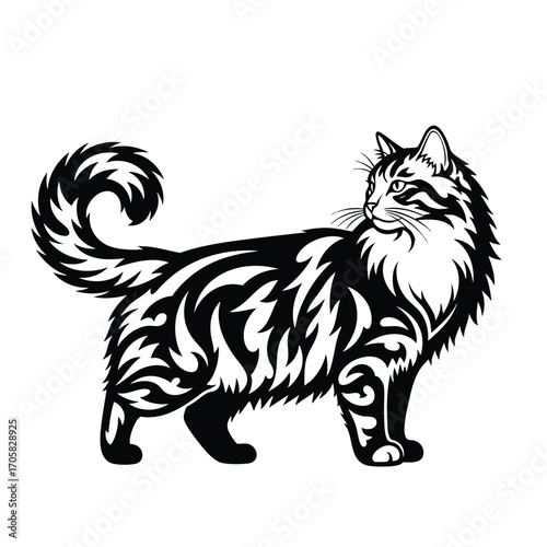 Elegant longhaired cat with a curled tail and intricate tribal tattoo style fur.