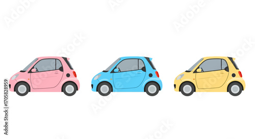 Three colorful compact cars lined up in a row, symbolizing choice and diversity.