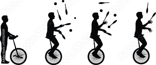Unicycle, Juggling, Silhouette, Sequence, Skill, Balance, Coordination, Motion, Vector, Black, Minimalist, Line, Art, Progression, Acrobat, Performance, Balls, Clubs, Training, Expression