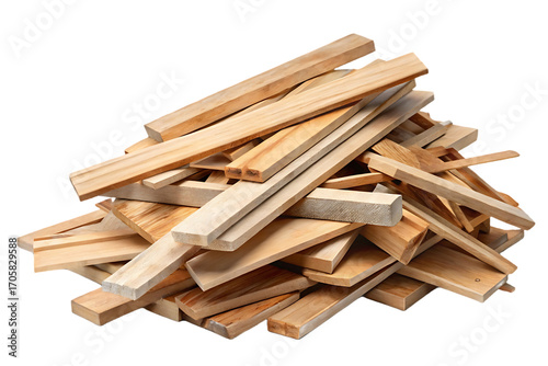 Pile of assorted wooden planks and lumber pieces stacked randomly together, isolated on a transparent background