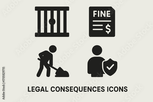 Legal Consequences Icons – Prison, Fine, Community Service, Probation Symbols