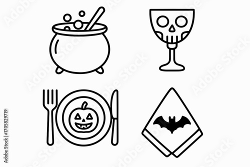 Halloween Party Table Icons – Cauldron, Skull Goblet, Pumpkin Plate, and Bat Napkin