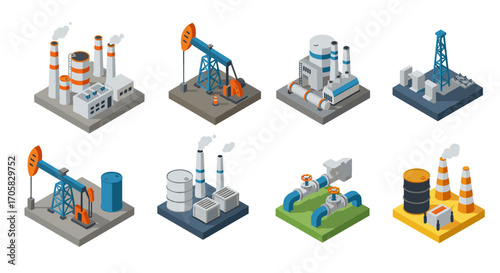 Isometric industrial icons: oil rigs, factories, and refineries in energy sector design