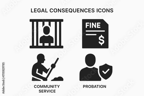 Legal Consequences Icons – Prison, Fine, Community Service, Probation Symbols