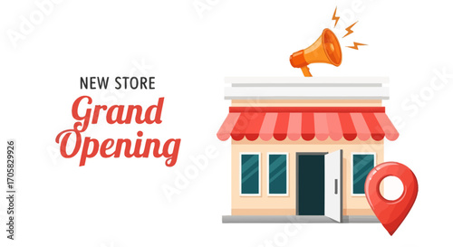 Exciting new store grand opening announcement with megaphone and location pin.