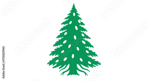 Evergreen pine tree with green needles and white accents on a white background