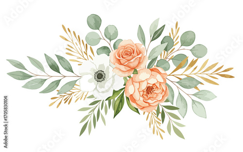 Elegant Watercolor Floral Bouquet with Roses Peonies Anemone and Leaves