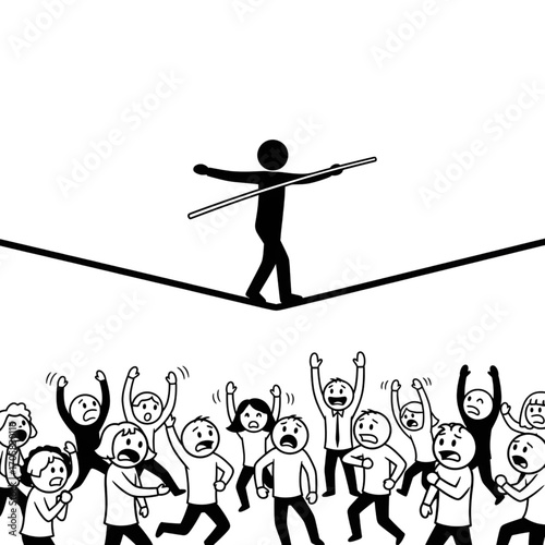 Stick figure walking tightrope with balance while others panic below, minimalist black-and-white sketch, bold dynamic lines