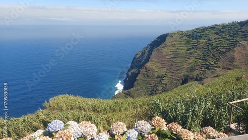 madeira island, sea, water, blue, waves, landscape, travel, adventure, destination, nature, view, rock, cliff, mountain, green, paradise, sunset, dawn, evening, dark, ligth, peace, paradise, horizon