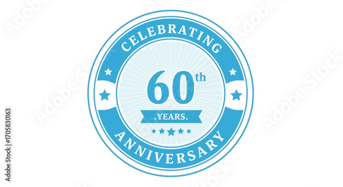 Blue circular badge celebrating 60th anniversary with stars and festive ribbon