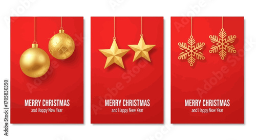 Festive holiday cards with golden Christmas ornaments and snowflakes on red backgrounds.