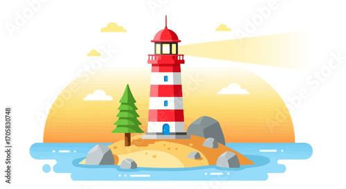 Bright lighthouse guides ships safely through the sea at sunset.