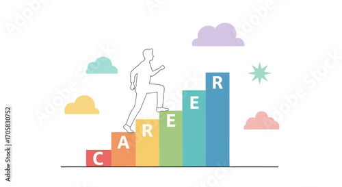 Silhouette of a person climbing colorful steps toward career success and opportunity