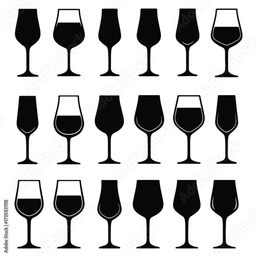 Elegant Collection of Wine Glass Silhouettes Perfect for Wine Lovers and Bar Design Projects with Clean Simple Vector Graphics