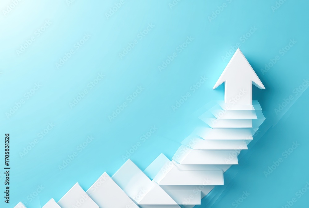 Fototapeta premium A white arrow composed of layered steps points upwards diagonally across a light blue background. The steps fade as they move towards the bottom left