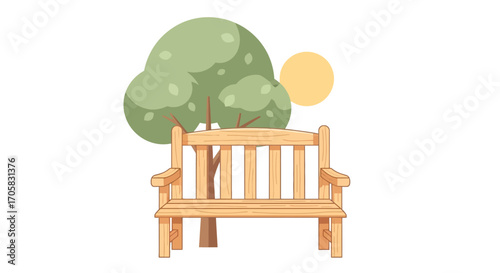 Peaceful wooden park bench under a large tree on a sunny day