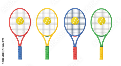 Four colorful tennis racquets with balls ready for play