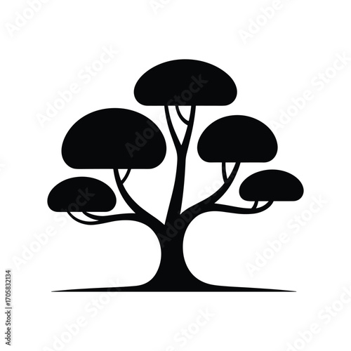 Stylized silhouette of a bonsai tree with rounded canopy in black and white