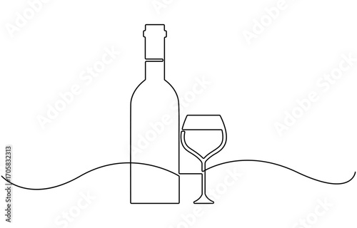 Continuous one line drawing of Wine bottle and wine glass.