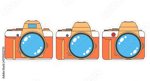 Three retro cameras lined up, each with a unique lens or viewfinder