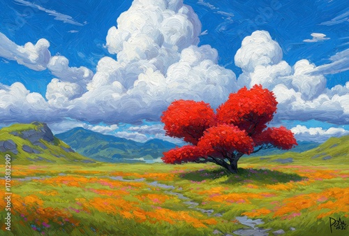 Impressionistic painting of a vibrant red tree in a sunny, flower-filled meadow with mountains in the distance and fluffy clouds above