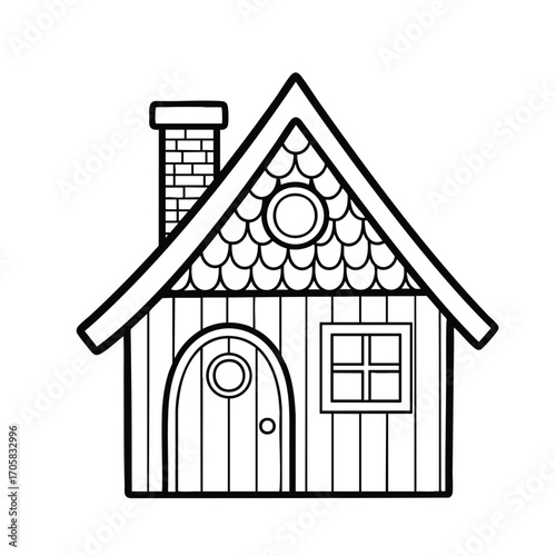 Simple black and white line art illustration of a cozy cartoon cottage with a chimney and scalloped roof.