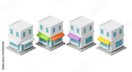 Four isometric small business storefronts with colorful awnings