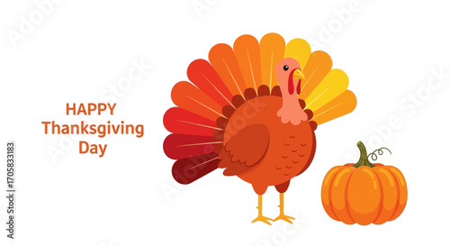 Whimsical turkey and pumpkin celebrate Happy Thanksgiving Day with vibrant autumn colors