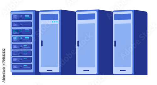 Modern server room: blue flat design of data storage cabinets