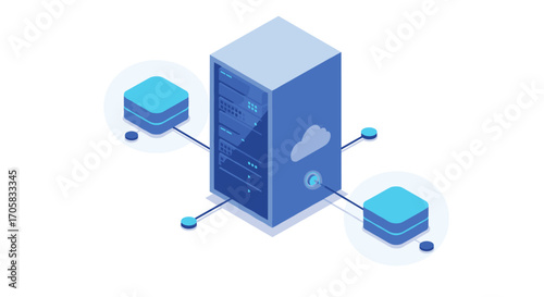 Isometric cloud server with connected databases and technology icons