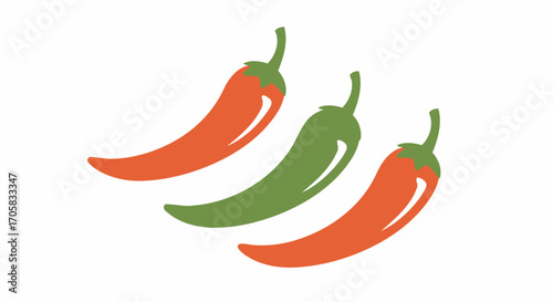 Vibrant chili peppers in red and green arranged diagonally on a white background