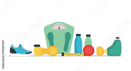 Fitness equipment and accessories for a healthy lifestyle on white background