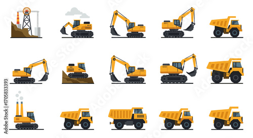 Construction machinery collection: excavators and dump trucks in flat design