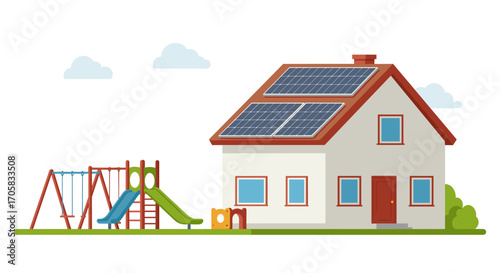 Eco-friendly house with solar panels and playground in suburban setting