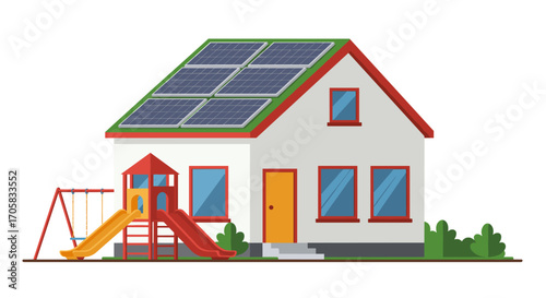 Modern eco-friendly house with solar panels and play area in flat design