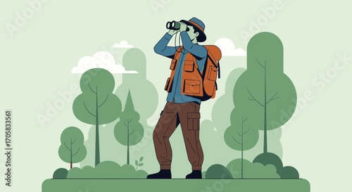 Adventurer Exploring Nature Scene Using Binoculars, Looking For Discovery And Adventure