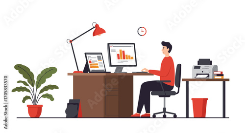 Modern home office setup with desk, computer, and plant for remote work productivity