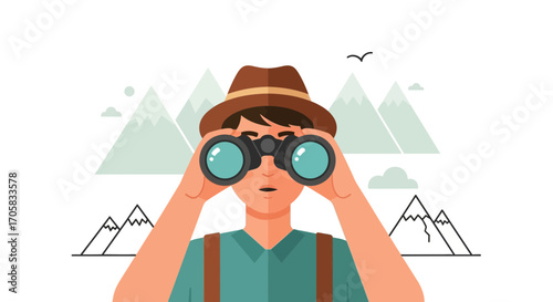 Adventurer Exploring Natural Environments Through Binoculars Using Clear Vector Illustrations