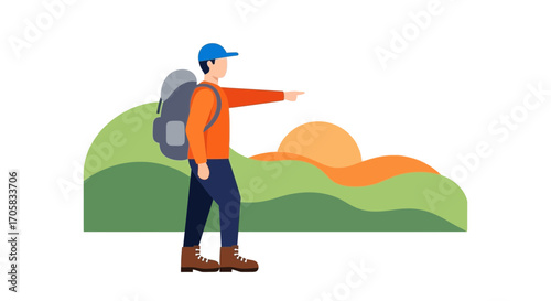 Adventurer Hiking Through Scenic Landscape with Backpack Pointing Towards Destination