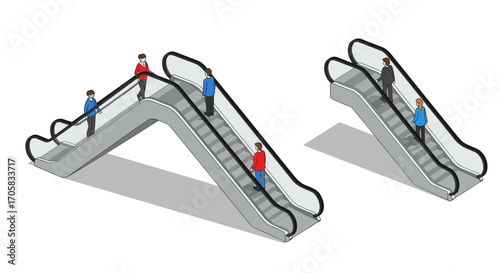Isometric design of people on escalators in motion