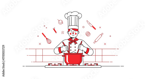 A Cheerful Chef Meticulously Cooks, Stirring Food In a Vibrant Kitchen Setting