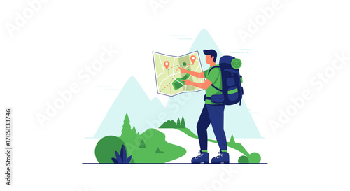 Adventurer Navigating With A Map On A Wilderness Trail Towards The Distant Hills