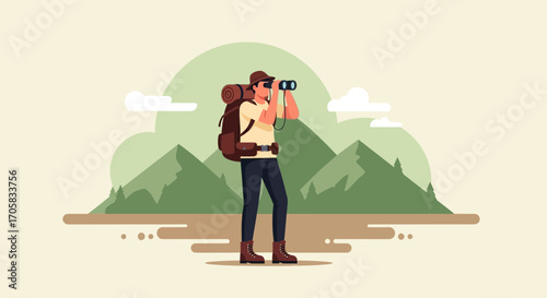 Adventurer Looking Through Binoculars Discovering Mountainous Scenery And Green Landscape