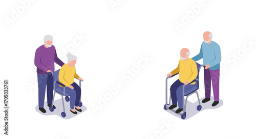 Elderly caregivers assisting seniors with walkers: isometric design