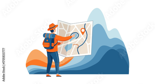 Adventurer Planning Journeys With A Map And Backpack Exploring Blue Mountain Scenery