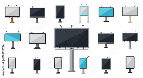 Collection of diverse digital and outdoor advertising billboard designs in flat style