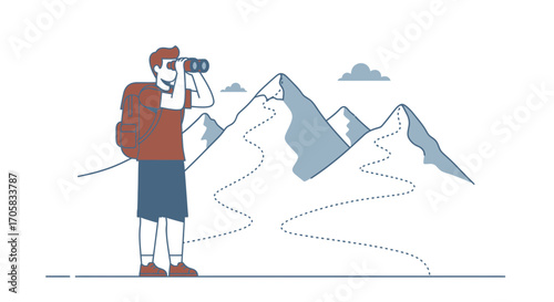 Adventurer Observing Mountain Peaks with Binoculars on a Scenic Hiking Trail