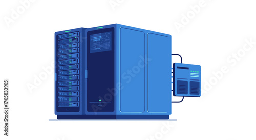 Modern data server room with blue technology equipment in flat design
