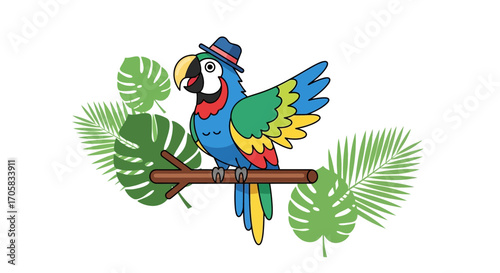 A Cheerful, Cartoon Parrot Wearing a Hat with Tropical Foliage Accents