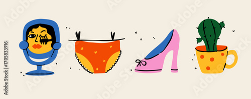 A creative set of hand-drawn illustrations for women's lifestyle projects. This trendy art features charming doodles of fashion and personal care items, perfect for modern branding